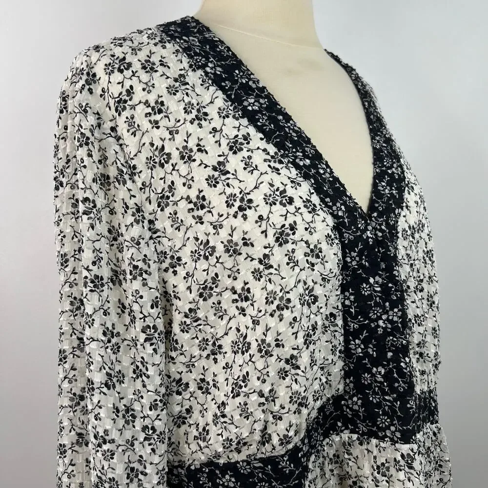 Madewell Women's Peplum Blouse Black and White Ditsy Floral Print Airy Size XL - Picture 6 of 16